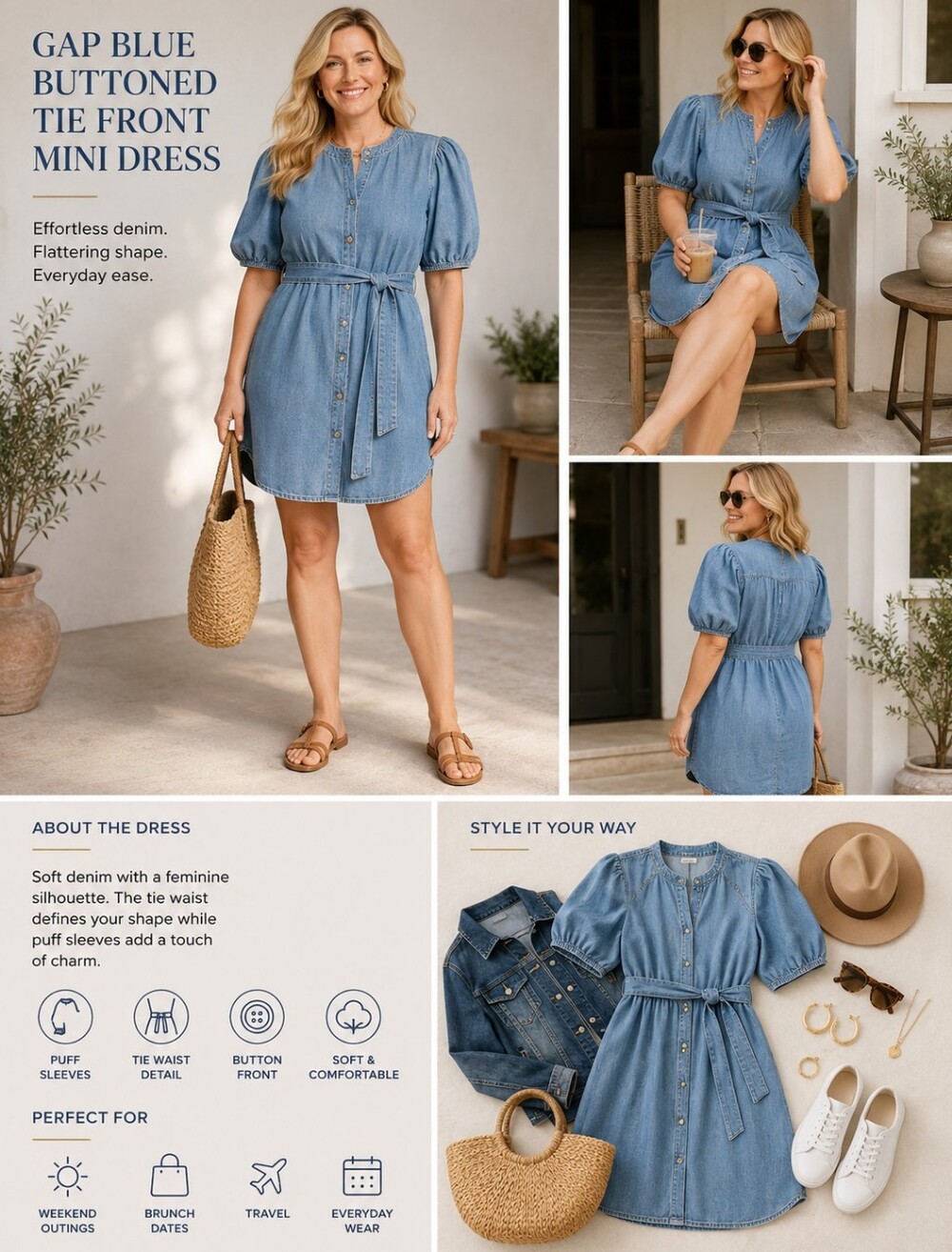 GAP Blue Buttoned Tie Front Mini Dress